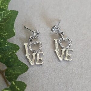 Silver Steel LOVE Dangle Earrings with Rhinestone